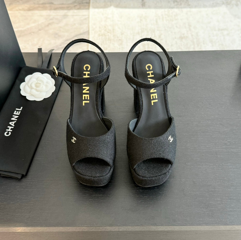 CHANEL HIGH HEEL PLATFORM SANDALS IN BLACK SUEDE