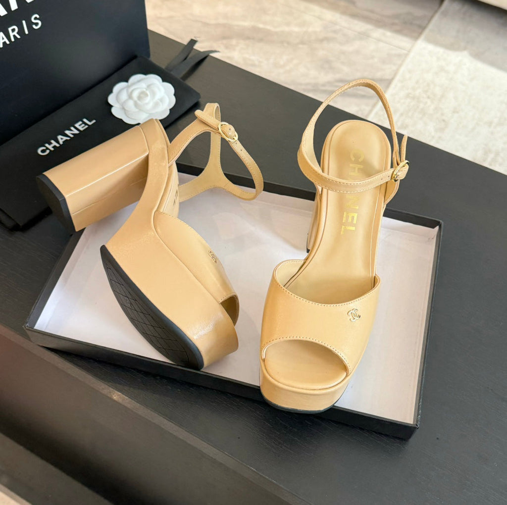 CHANEL HIGH HEEL PLATFORM SANDALS IN SAND YELLOW CALFSKIN