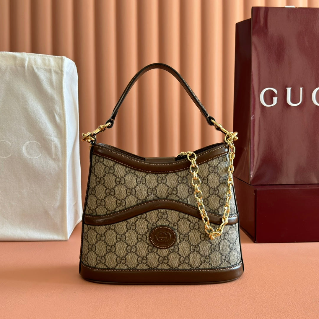 GUCCI 26S SHOULDER BAG 25 IN DARK BEIGE AND BROWN COATED CANVAS