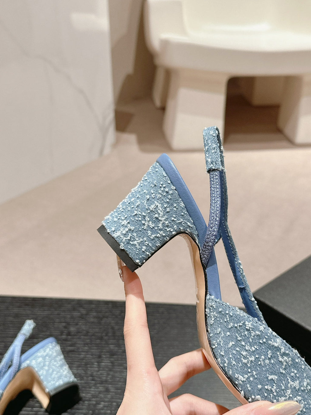 CHANEL HIGH SLINGBACKS IN LIGHT BLUE DENIM AND BLACK SATIN