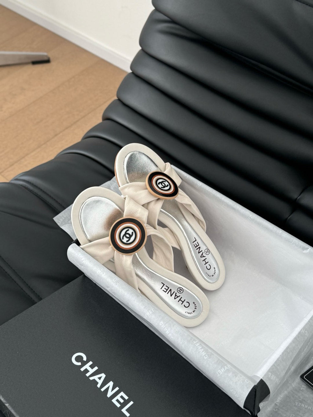 CHANEL WHITE FABRIC  SLIDE SANDALS
