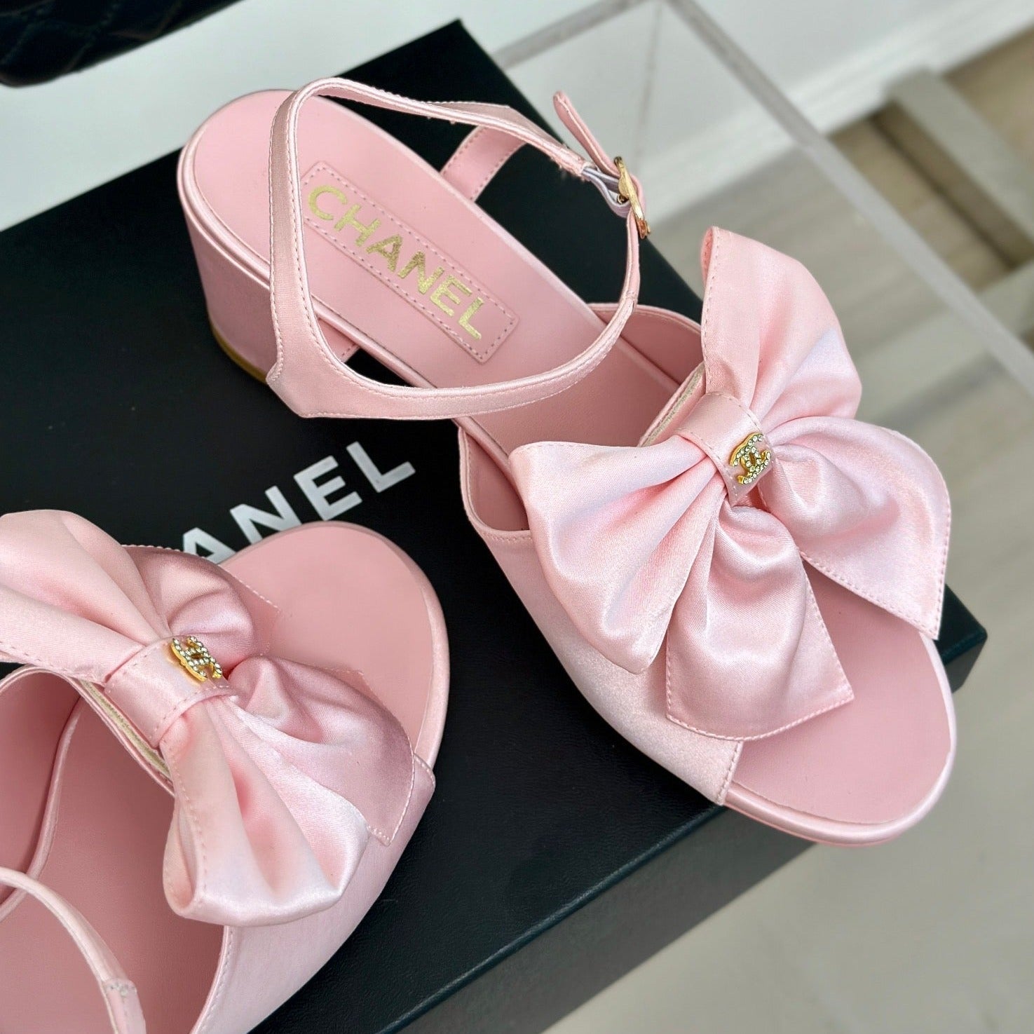 CHANEL Double  Big Bow High Sandal Sheepskin Light Pink