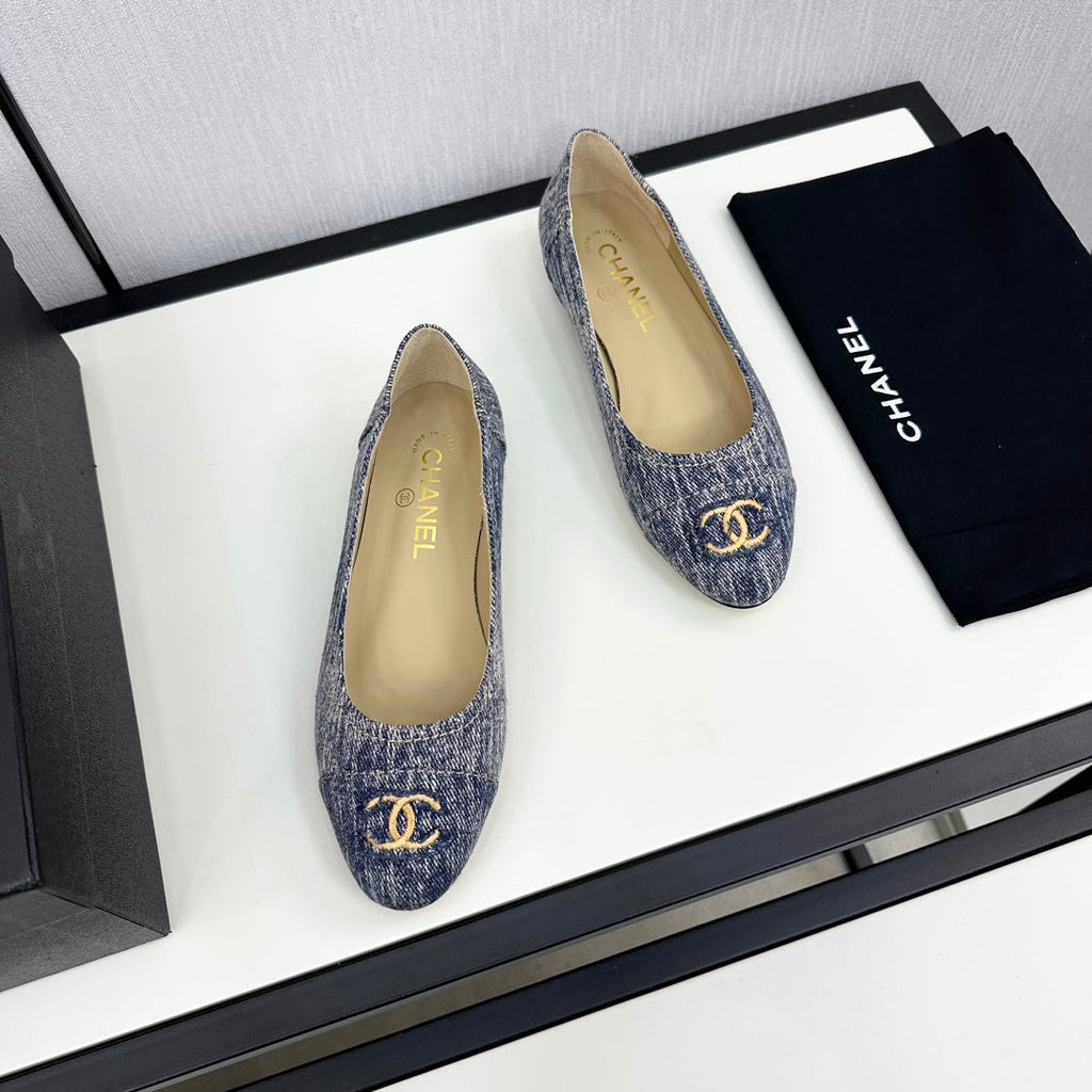 CHANEL ballet flat blue with white stripe denim 166816