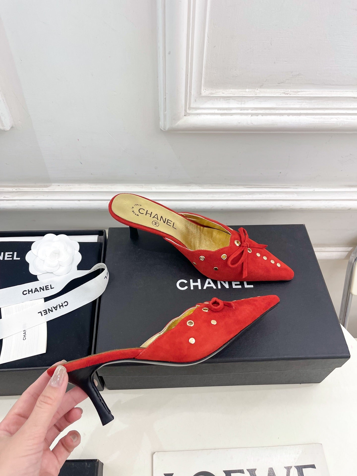 CHANEL HIGH 65 MM MULE IN CHERRY RED SUEDE